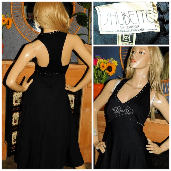 Vintage 60s 70s Black DIAMANTE Trim Racer Back Maxi DISCO Dress 10 S 1970s Evening Cocktail Schubette