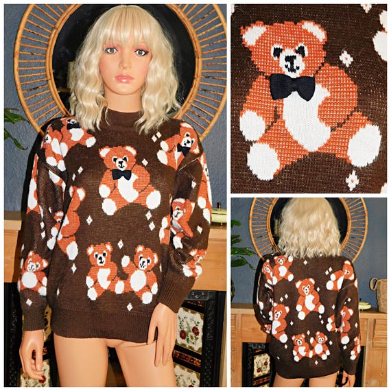 Vintage 80s Brown Cream TEDDY BEAR Bow Tie NOVELTY Print Jumper Sweater S M L 1980s Kitsch