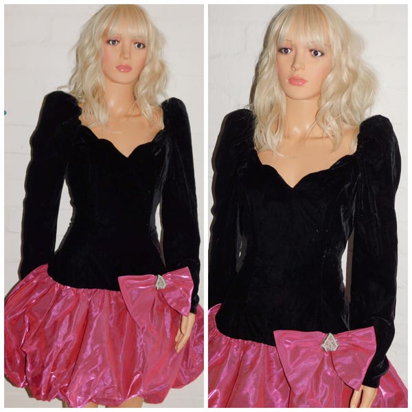 Vintage 80er Jahre Schwarz Rosa BUBBLE Saum SCHLEIFE Mini Abendkleid Kleid 10 12 S M 1980er Puffball Kitsch Samt