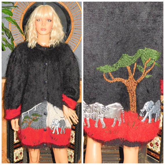 Vintage 80s Novelty Applique ELEPHANT MOHAIR Shaggy OVERSIZED Slouchy Cardigan M L 1980s Kitsch Wool Fluffy Trees Kitsch Black Red