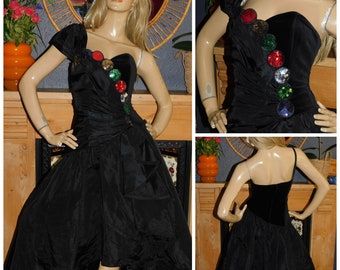 Vintage 80s Black Sequin Cold Shoulder Ruffled ORIGAMI AVANT GARDE Prom Party Dress 8-10 S 1980s Halloween Extreme Cocktail