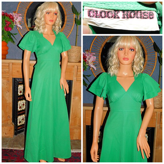 Vintage 70s CLOCKHOUSE APPLE Green FLUTTER Slvd Maxi Dress 12 M 1970s Kitsch