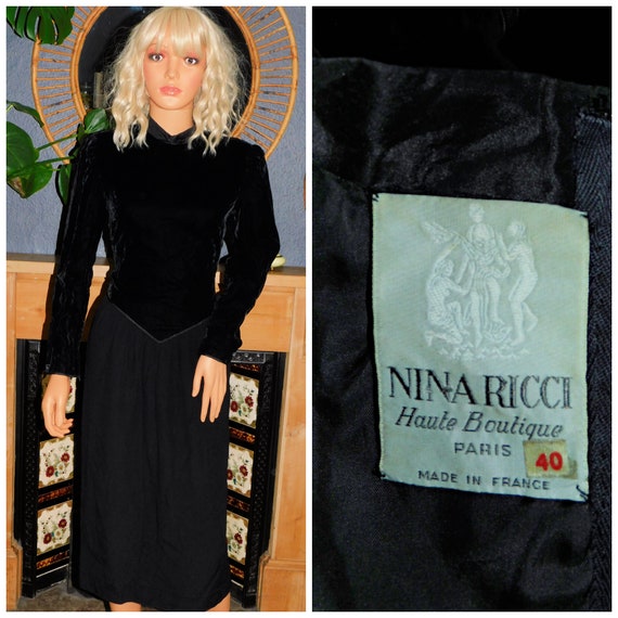 Vintage 80s NINA RICCI Black Velvet Evening Cocktail Dress 10 S 1980s Haute Boutique Designer Party