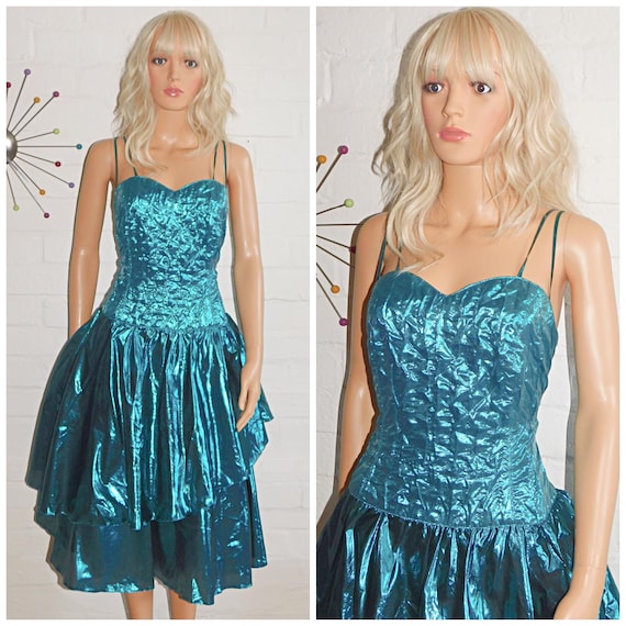Vintage 80s GREEN Blue METALLIC Prom Party Cocktail Evening Dress 12 14 M 1980s Turquoise