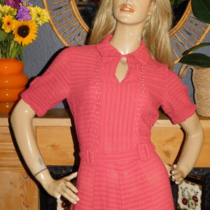 Vintage 30s 40s Dusky Coral Pink STRIPED Semi Sheer Belted Day Dress 10 S 1930s 1940s image 6