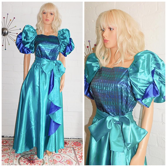 Vintage 80s METALLIC Blue Green PRINCESS BOW Prom Party Dress 8-10 S 1980s Kitsch