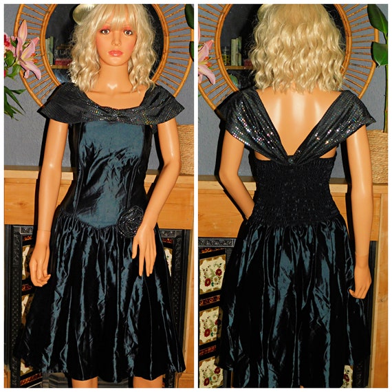 Vintage 80s Black METALLIC Spot WET LOOK Shawl Collar Prom Party Dress 8 S Xs 1980s Kitsch