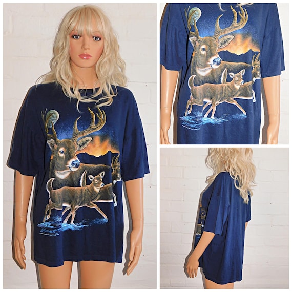 Vintage 90s Navy Soft SINGLE Stitch 1992 DEER Print T Shirt L 1990s Unisex Graphic Tee Stag Vixen