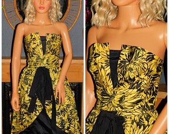 Vintage 80s Yellow Black GRAPHIC FLORAL Strapless Peplum Bow Prom Party Cocktail Dress 8 Xs 1980s Races