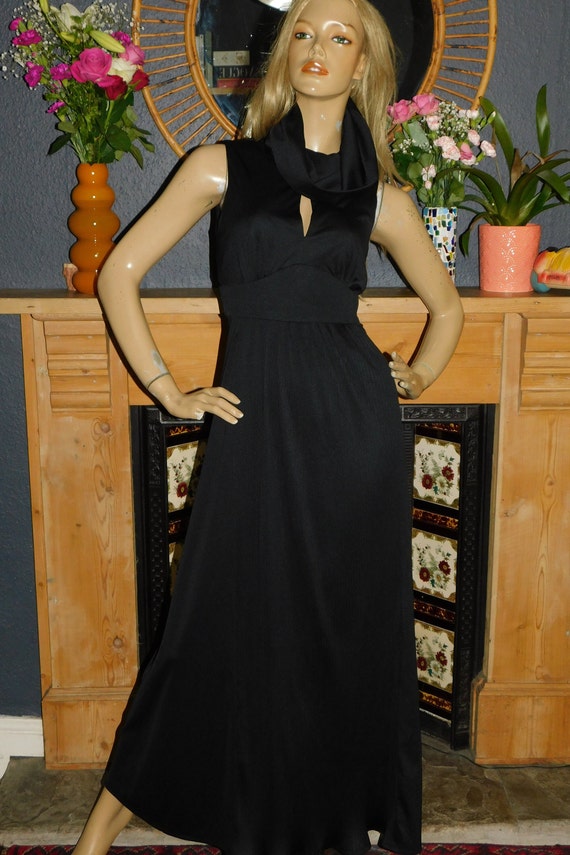 Vintage 70s Black CUTOUT COWL Neck Maxi Disco Dre… - image 3