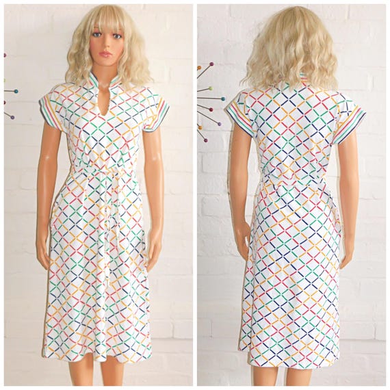 Vintage 70s 80s TOWELLING Multicoloured GEOMETRIC Day Dress 12 M 1980s 1970s