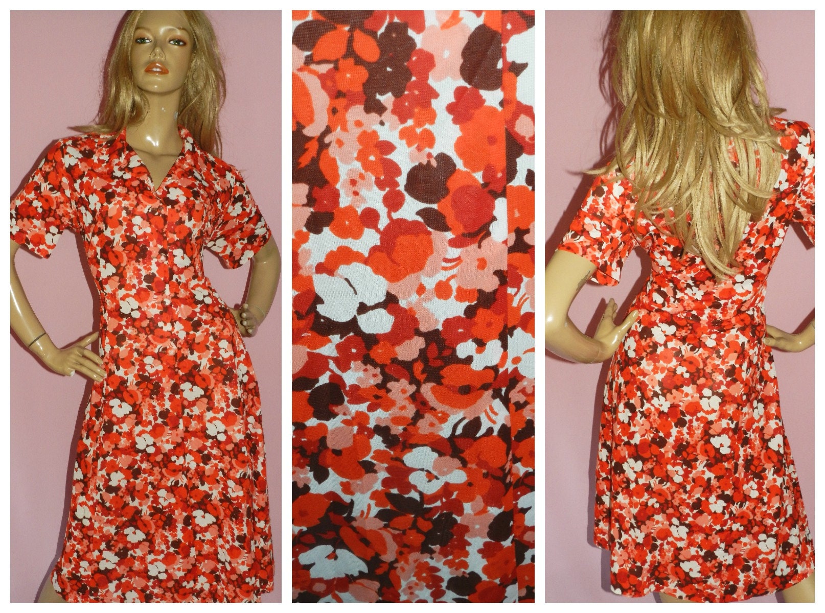 Vintage 70s Red White DITSY Floral Print Day dress 14 16 M L 1970s