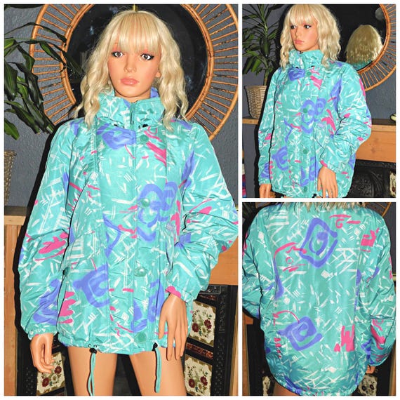 Vintage 80s 90s Multicoloured ABSTRACT Padded Ski Jacket M L 1980s Kitsch Pockets Puffer 1990s