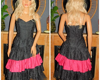 Vintage des années 80 BUBBLEGUM rose noir à volants RaRa robe de soirée cocktail 10 S des années 80
