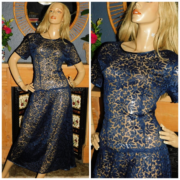Vintage 1930s Semi SHEER Navy Blue Lace Cocktail Evening Dress 12 M 30s Party Art Deco Drop Waist