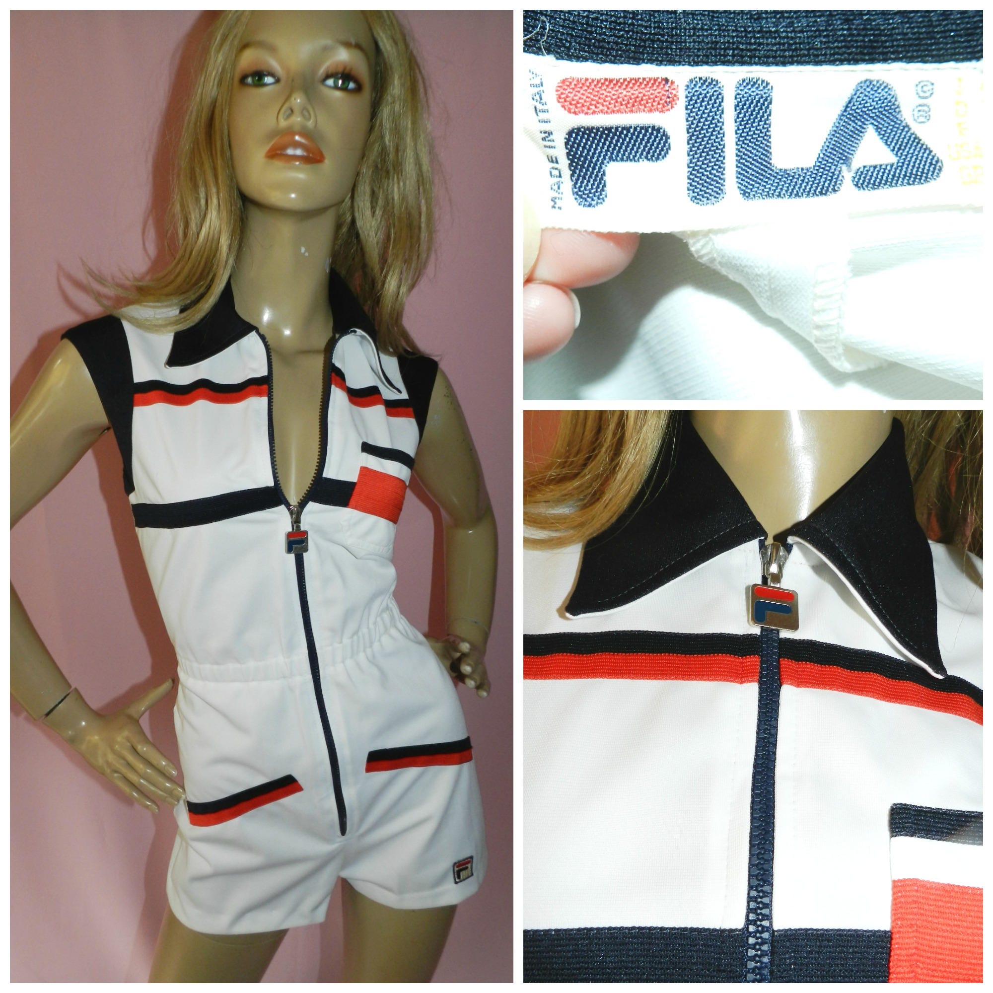 Vintage 70s Rare FILA White Red Black Zip front Shorts JUMPSUIT TENNIS ...