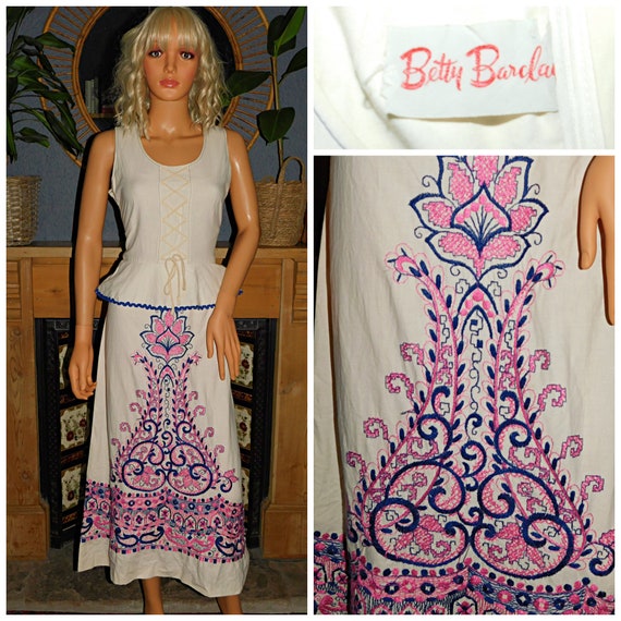 Vintage 70s Cream Pink Purple EMBROIDERED Betty Barclay Bohemian Psychedelic PEPLUM PRAIRIE Midi Dress 10 Boho Folk Hippie Woodstock