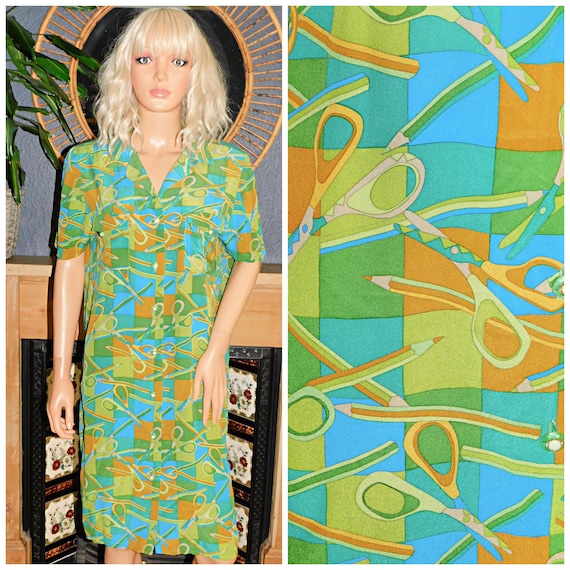 Vintage 80s Green Blue Tan NOVELTY SCISSOR Print Midi SHIRT Dress 12 14 M 1980s Nu Wave