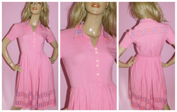 Vintage 40s 50s Pink EMBROIDERED Tea Dress 6 XS 1940s 1950s Box Pleats