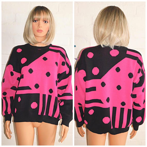 Vintage 80s Pink Black GEOMETRIC Dotty NU WAVE Jumper Sweater S M L 1980s