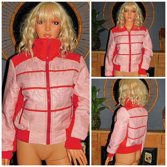 Vintage 70s Red White Check PUFFER BOMBER SKI Jacket S 1970s