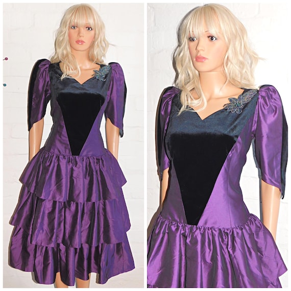 Vintage 80s Purple Black Drop Waist RARA Prom Party Dress 14 16 M L 1980s Kitsch Cocktail Avant Garde Puff Slvd PRINCESS