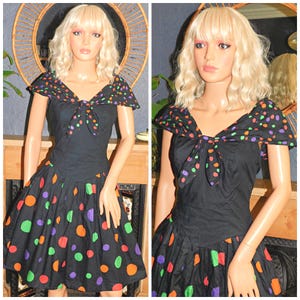 Vintage 80s Black Multicoloured POLKA Dot Prom Party Dress 10 S 1980s KITSCH