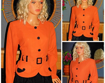 Vintage 80s 40s Revival Orange Black Belted PEPLUM Blouse Shirt Jacket 12 M 1980s 1940s