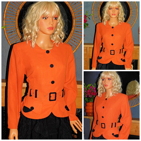 Vintage 80s 40s Revival Orange Black Belted PEPLUM Blouse Shirt Jacket 12 M 1980s 1940s