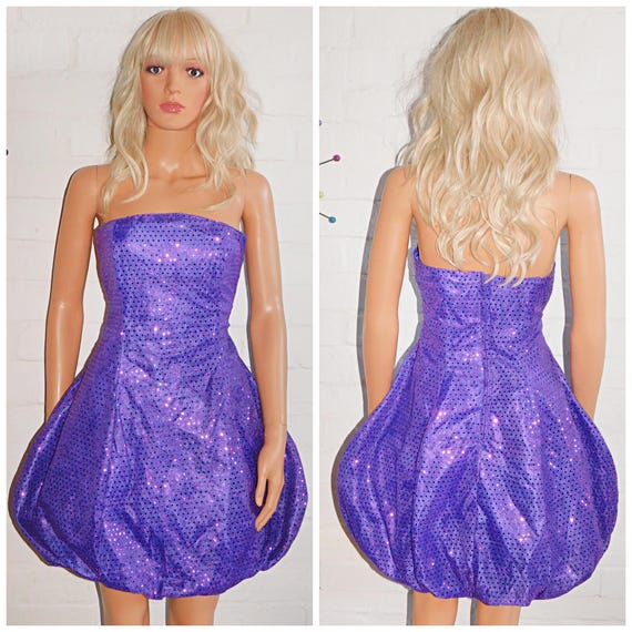 Vintage 90s Purple SEQUIN STRAPLESS PUFFBALL Mini Party Dress 12 M 1990s Disco Fancy Dress