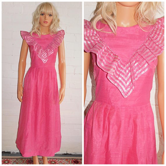 Vintage 70s 80s BUBBLEGUM Pink METALLIC Silver Striped RUFFLE Cocktail Evening Dress 8 10 S 1970s 1980s Party Prom Princess