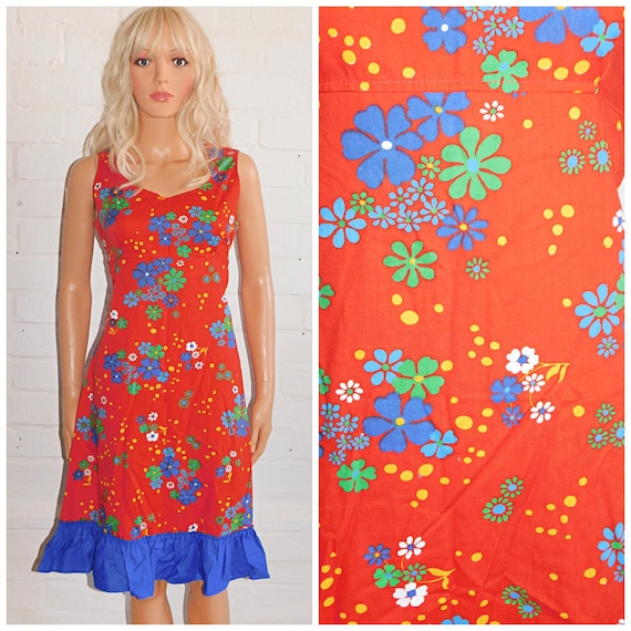 Vintage 60s Red Multicoloured PSYCHEDELIC FLOWER POWER Print Cotton Day Dress 10 12 S M 1960s Kitsch