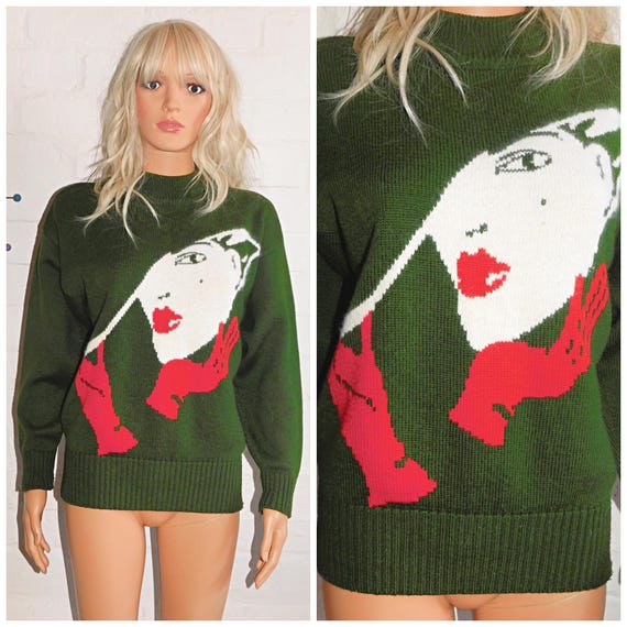 Vintage 80s Dark Green Novelty FACE Print Jumper Sweater S M 1980s Avant Garde