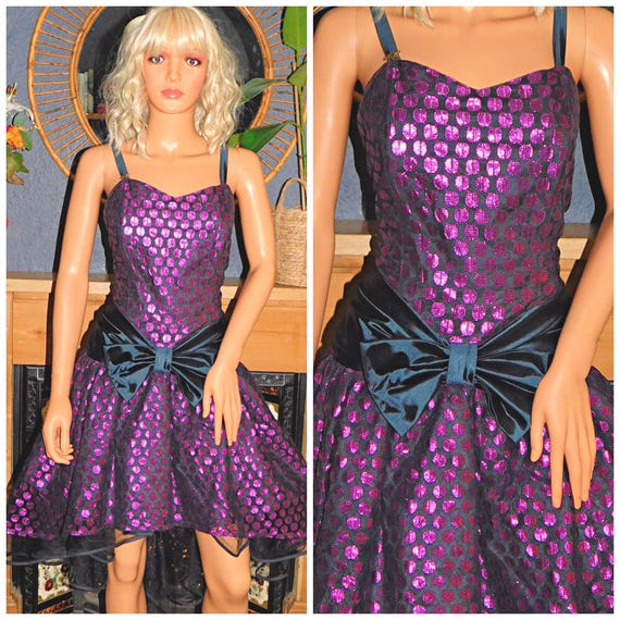 Vintage 80s Purple SPOTTY METALLIC BOW Front Prom Party Dress 10 S 1980s Cocktail Kitsch Extreme Asymetrical