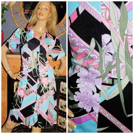 Vintage 70s Pink Turquoise ART NOUVEAU Border Print FLORAL Day Dress 14 M 1970s Orchid