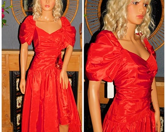 Vintage 80s Red PRINCESS PUFF Slvd Drop Waist Sequin Applique Prom Party Dress 12 M 1980s Kitsch Evening cocktail