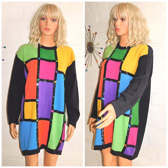Vintage 80s Lambswool Black Multicoloured Sequin APPLIQUE Sweater Jumper M L 1980s