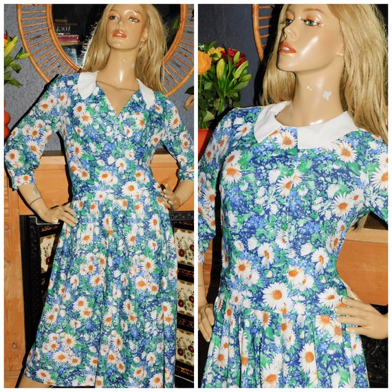 Vintage 70s 80s Green White Yellow DAISY Print Contrast collar Day Dress 14 M 1970s 1980s Floral