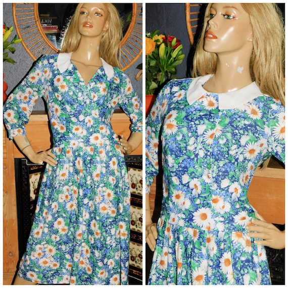 Vintage 70s 80s Green White Yellow DAISY Print Contrast collar Day Dress 14 M 1970s 1980s Floral