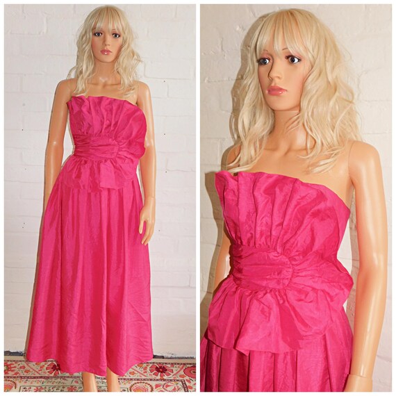 Vintage 1980s BUBBLEGUM Pink Origami RUFFLED Prom Party Dress 8 S 80s Cocktail Extreme Strapless