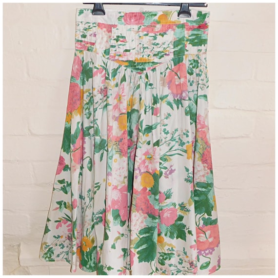 Vintage 80s PASTEL Floral Deep Waist Full Skirt 12 14 M 1980s Nu Wave