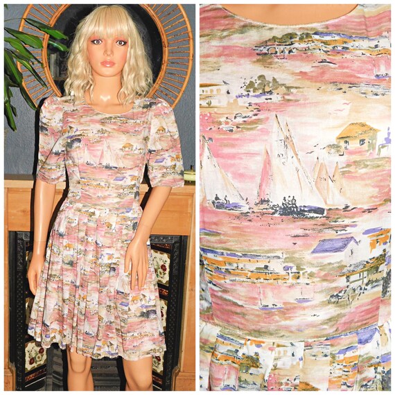 Vintage 50s Pastel NOVELTY SEASIDE Print Cutout BOW Tea Dress 6 8 Xs 1950s Mid Century Boat