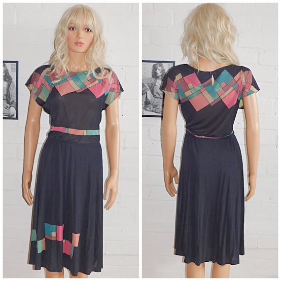 Vintage 80s Black Multicoloured GRAPHIC Colour BLOCK Semi SHEER Dress 10 12 S M 1980s