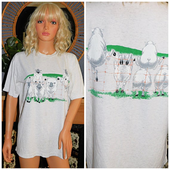 Vintage 90s White Grey NAUGHTY SHEEP Single Stitch 50 50 T Shirt M L 1990s Tee Unisex Graphic Cheeky