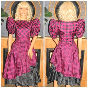 Vintage 80s Pink Black Check PUFFBALL BOW Puff Slvd Prom Party Dress 10 S 1980s Extreme
