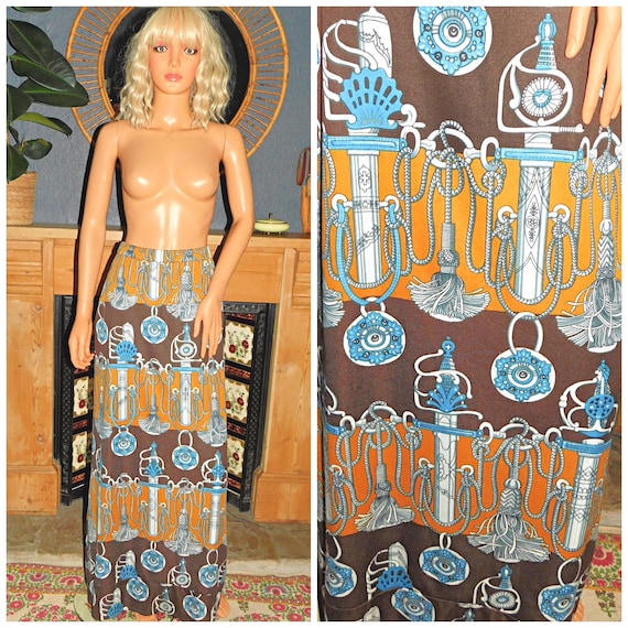 Vintage 70s Brown Mustard ART NOUVEAU Rope Print Maxi Skirt 8 S 1970s Psychedelic