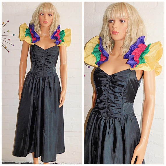Vintage 80s Black ORIGAMI Ruffled Prom Party Dress 8 S Xs 1980s Kitsch Cocktail