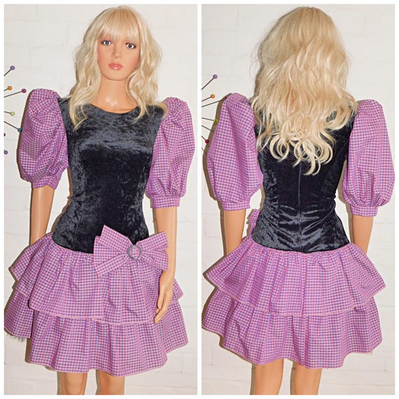 Vintage 80s Black Dusky Pink Purple Velvet Check BOW RaRa Prom Party Dress 10 12 S M 1980s Kitsch Puff Sleeves Mini Tartan