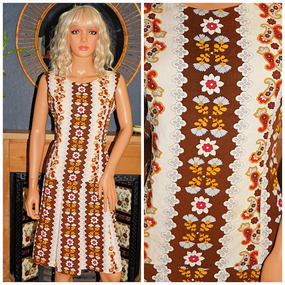 Vintage 50s 60s Cream Brown FLOWER POWER PAISLEY Drop Waist Mod Day Dress 12 14 M 1950s 1960s