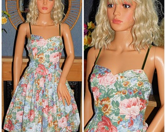 Vintage 80s Multicoloured COTTON ROSE Print Hitched BOW Prom Party Dress 10 12 S M 1980s Kitsch Floral